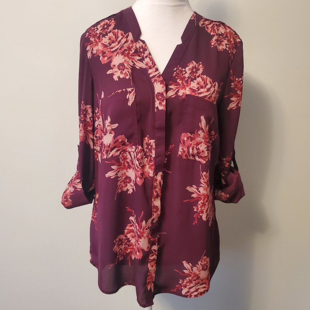 Spring Floral Tunic Pullover Blouse Rollup Sleeves Pink & Merlot Upper Pockets